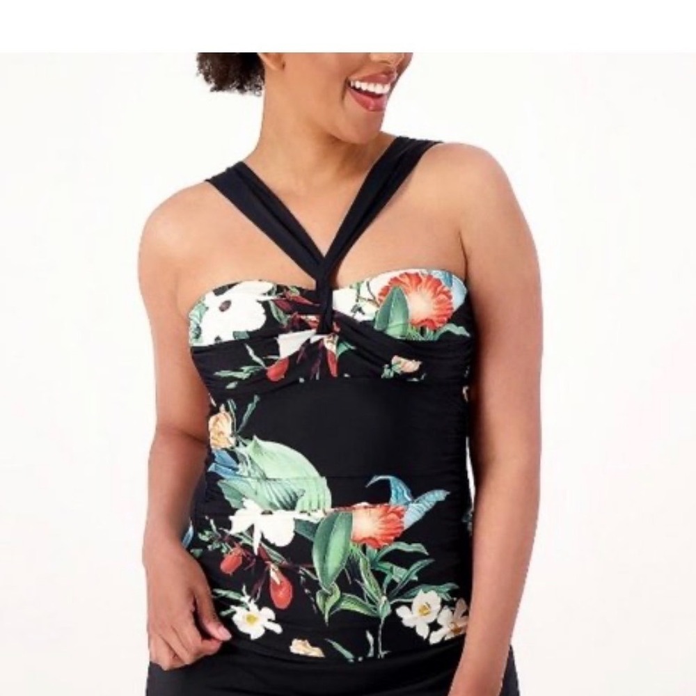 Jantzen Black Floral Tankini Top with Green and Coral Accents